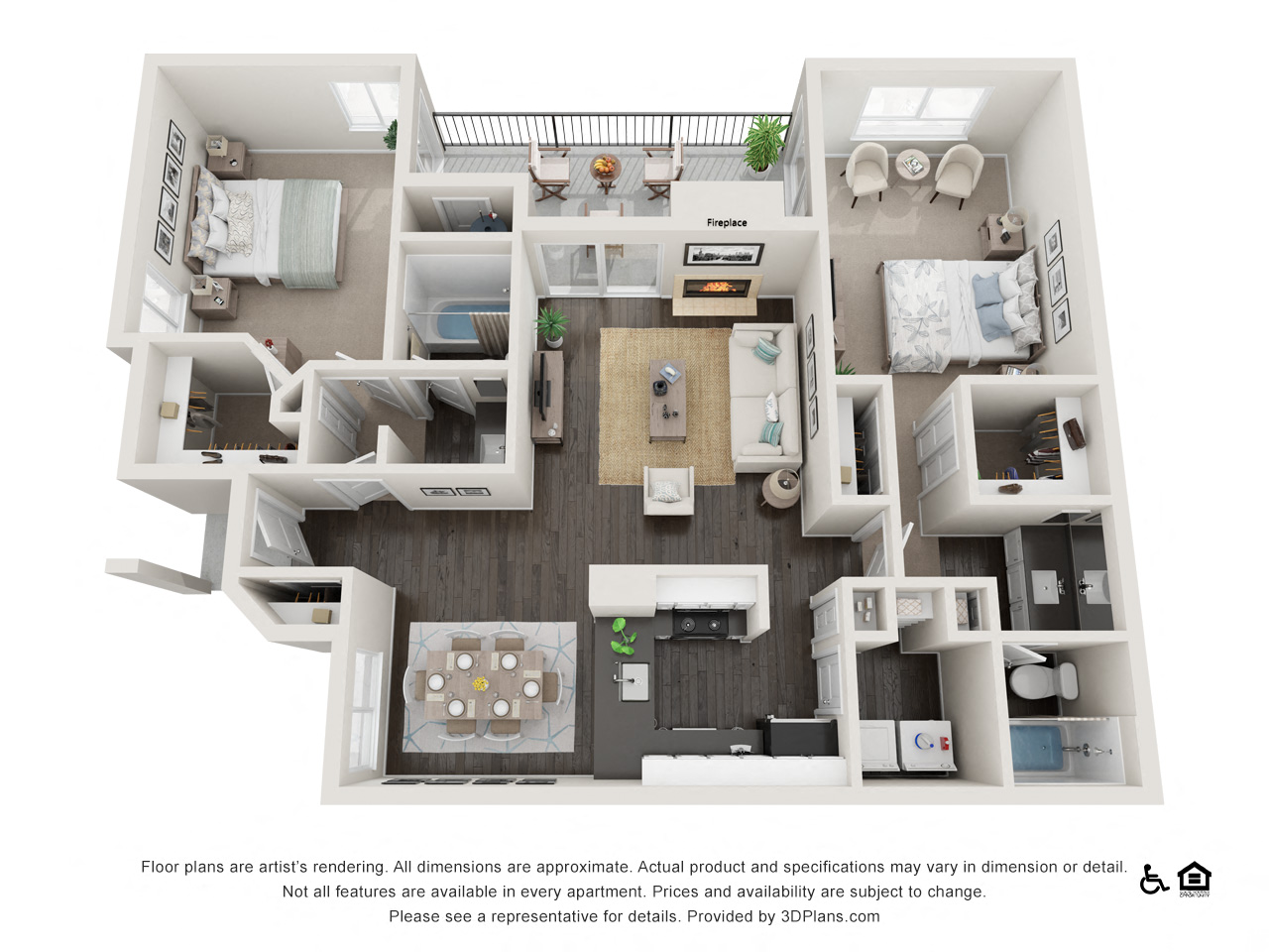 Floor plan for 2 beds, 2 baths, 1090 sqft